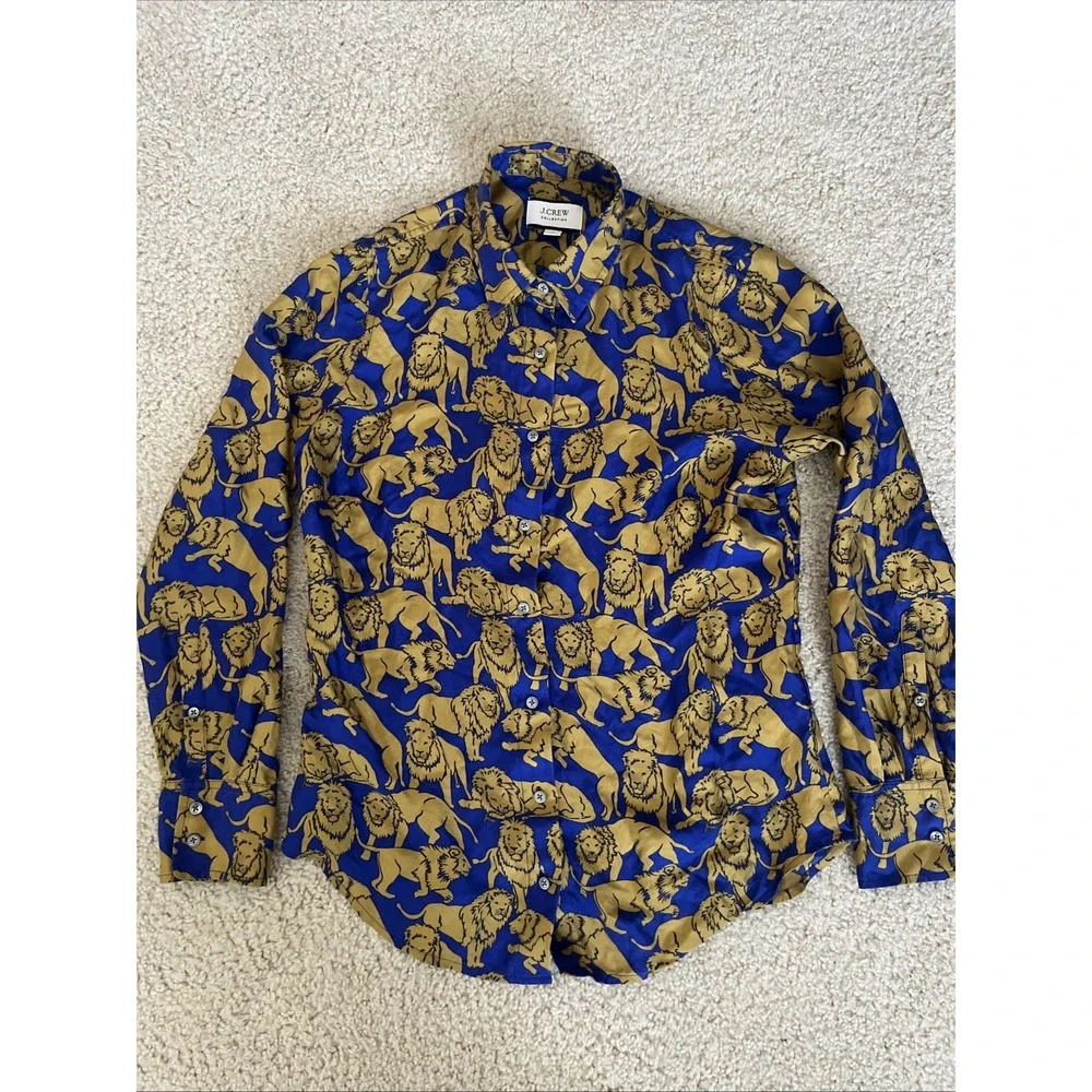 J Crew Collection 100% Silk Sleepy Lions Button Blouse Blue Gold 2